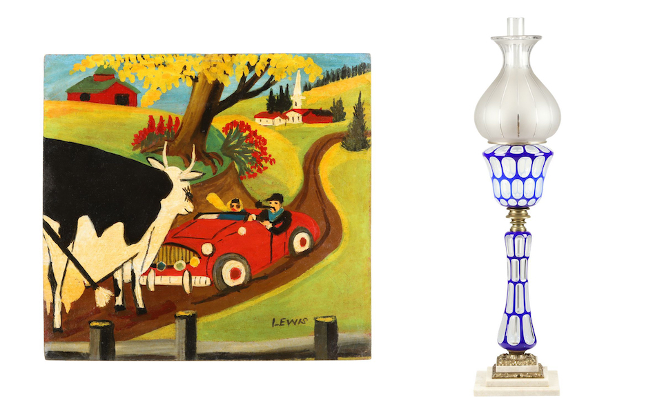 Left, Maud Lewis, ‘Traffic Jam,’ estimated at CA$30,000-$35,000; Right, cobalt double overlay kerosene stand lamp, estimated at CA$9,000-$12,000
