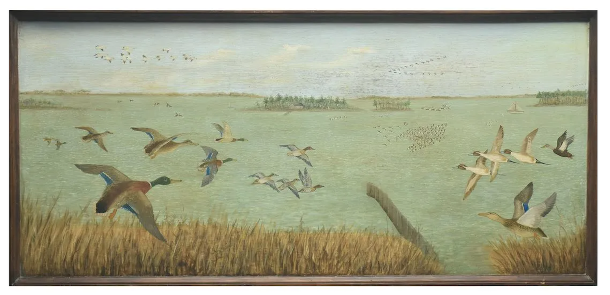 Frank Finney’s undated oil-on-board painting of geese and ducks in flight sold for $17,000 plus the buyer’s premium in July 2022. Image courtesy of Guyette & Deeter, Inc, and LiveAuctioneers.