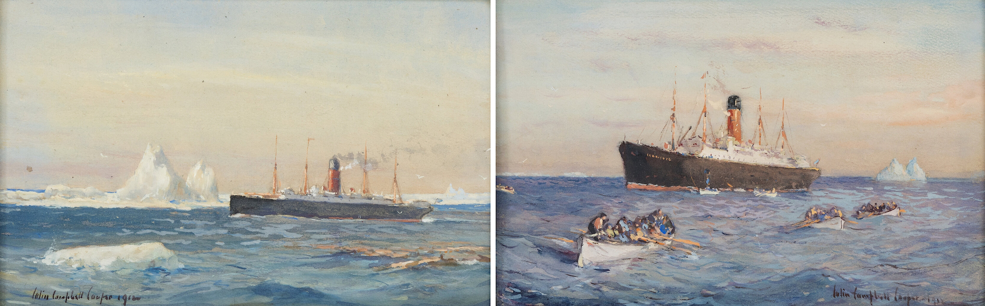 Colin Campbell Cooper paintings of the rescue of survivors of the sinking of the Titanic, created as he watched the scenes from the deck of the Carpathia, $112,500. Images courtesy of Heritage Auctions