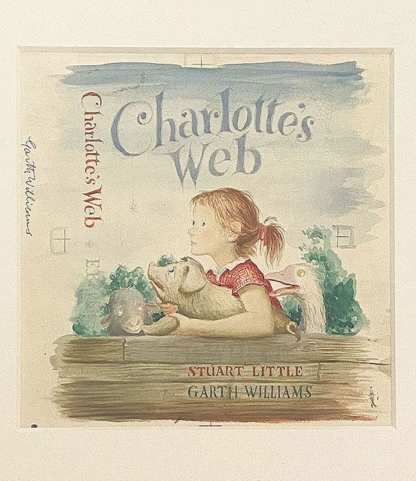Garth Williams’ original 1952 ink drawing for the cover design of the book ‘Charlotte’s Web,’ together with the hand-colored blue line design, signed at the bottom right. It will be offered at Battledore NY, one of almost 200 exhibitors at the New York International Antiquarian Book Fair in April. Image courtesy of the New York International Antiquarian Book Fair.