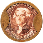 The rarer the stamp, the more attention it wins at auction. This encased merchant key 5 cent postage stamp featuring Thomas Jefferson was issued by B.F. Miles in Peoria, Illinois circa 1862. It brought $9,000 plus the buyer’s premium in August 2022. Image courtesy of Early American History Auctions and LiveAuctioneers