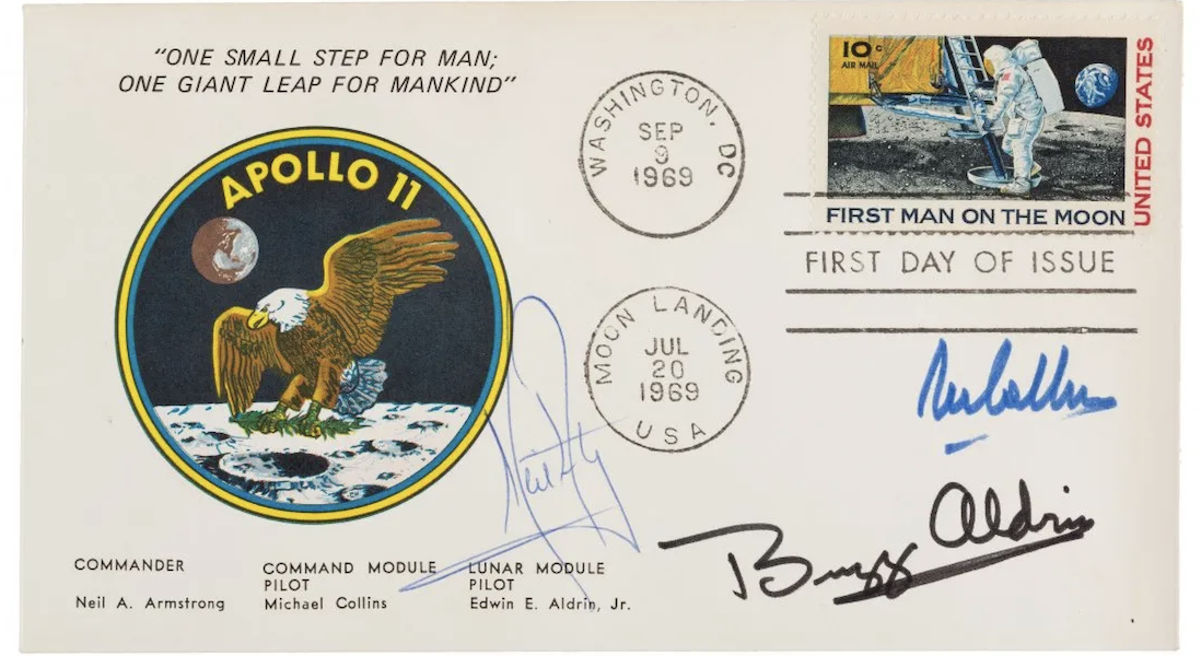 A First Man on the Moon first day cover, signed by the crew of Apollo 11 and from the family collection of astronaut Richard Gordon, rose to $22,000 plus the buyer’s premium against an estimate of $2,400-$3,600 in November 2018. Image courtesy of Heritage Auctions and LiveAuctioneers
