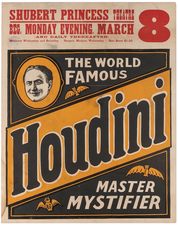Circa-1925 poster advertising The World Famous Houdini / Master Mystifier, $11,400
