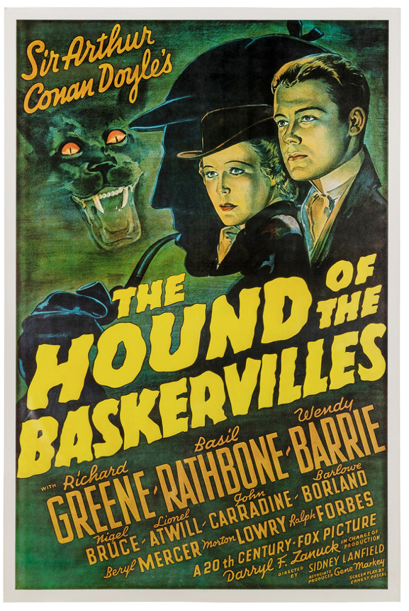 Poster for the 1975 re-release of the 1939 film ‘The Hound of the Baskervilles,’ starring Basil Rathbone as Holmes, $960 