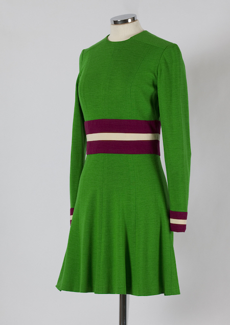Mary Quant mid-1960s green, purple and white minidress, photographed in May 2009. Quant died on April 13 at the age of 93. Image courtesy of Wikimedia Commons, photo credit Peloponnesian Folklore Foundation. Shared under the Creative Commons Attribution-Share Alike 4.0 International license.