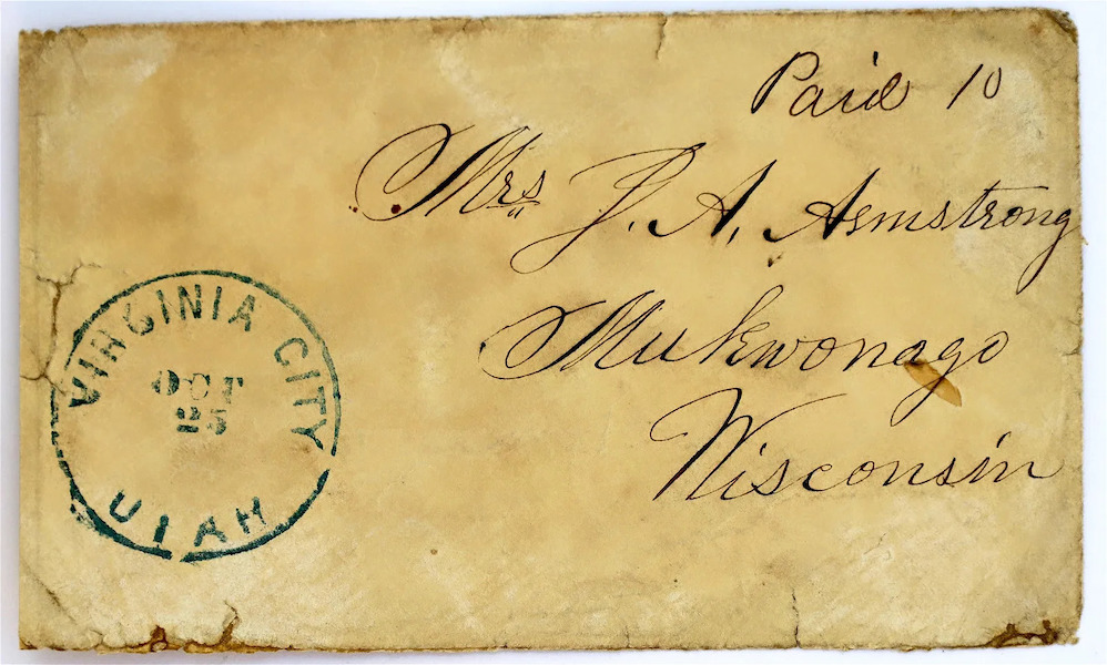 Before the arrival of the postage stamp, letters were hand-canceled with a cut rubber or cork wooden handstamp. Just such an impression stamped on a letter mailed from Virginia City, Utah in 1860 garnered $550 plus the buyer’s premium in June 2022. Image courtesy of Holabird Western American Collection and LiveAuctioneers