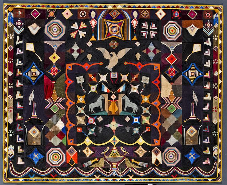Carl Klewicke (1835–1913), original design quilt, Corning, New York, circa 1907. Pieced silk, faille, taffeta and satin, 60 by 72 1/2in. American Folk Art Museum, New York, Museum purchase, 2012.1.1. Image courtesy American Folk Art Museum. Photo by Gavin Ashworth. 