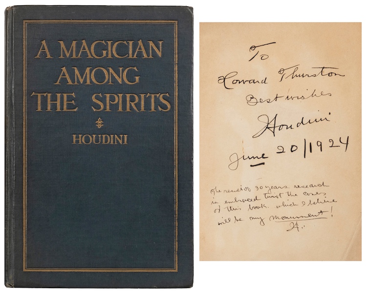 First edition of Houdini’s ‘A Magician Among the Spirits,’ signed, inscribed and initialed to fellow magician Howard Thurston, $18,000