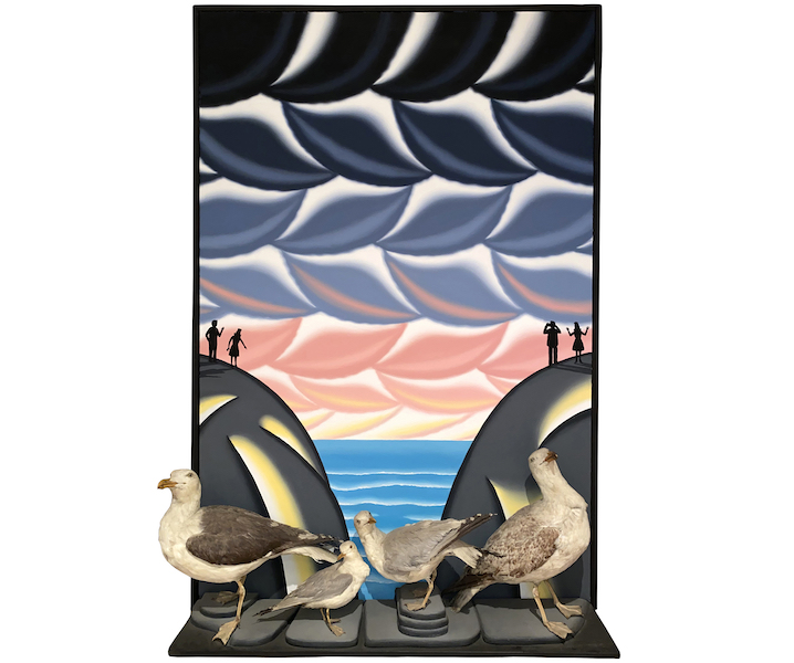 Roger Brown’s ‘Visit the Oregon Coast,’ a 52in-tall oil on canvas from 1979 with a 3-D platform for four taxidermy seagulls, carries the auction’s highest estimate: $100,000-$200,000. Though academically trained, the Alabama-born Chicago artist collected and drew inspiration from Southern folk art. Image courtesy of Slotin Folk Art Auction