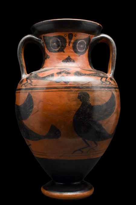 Magnificent twin-handled Etruscan amphora attributed to Micali painter, circa 525-500 BC, red and black with images of sirens and looming pairs of eyes in ivy. TL tested by independent German laboratory Ralf Kotalla and found to be of the period reflected in its style, with no modern trace elements. Size: 430mm (16.9in); 3.09kg (6lbs 13oz). Provenance: property of London art gallery; previously acquired on US art market; formerly in collection of N and E Keefer. Estimate £6,000-£12,000 ($7,520-$15,032). Image courtesy of Apollo Art Auctions, London