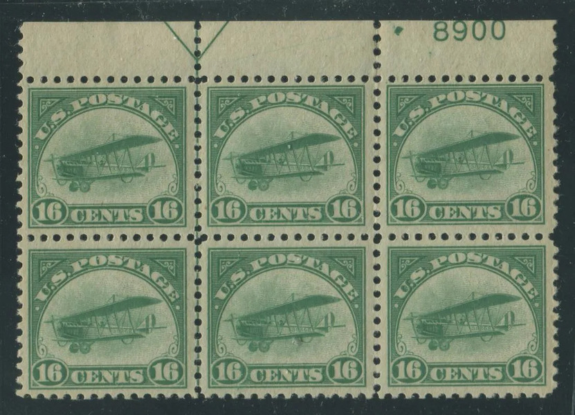 Stamps can be collectible in blocks, as with this green and white set of six 16-cent US postage stamps issued in 1918 and picturing the World War I Jenny biplane. It sold for $650 plus the buyer’s premium in May 2021. Image courtesy of Oakwood Auctions and LiveAuctioneers