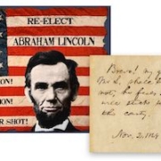 A handwritten note twice signed by Abraham Lincoln days before winning the 1864 presidential election, most likely to his eldest son Robert, estimated at $40,000-$50,000