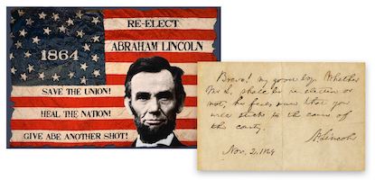 A handwritten note twice signed by Abraham Lincoln days before winning the 1864 presidential election, most likely to his eldest son Robert, estimated at $40,000-$50,000