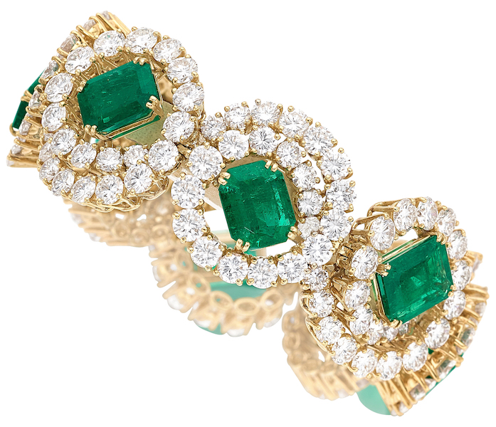 Alexandre Reza 18K gold, diamond and Colombian emerald bracelet, estimated at $125,000-$150,000. Image courtesy of Heritage Auctions ha.com
