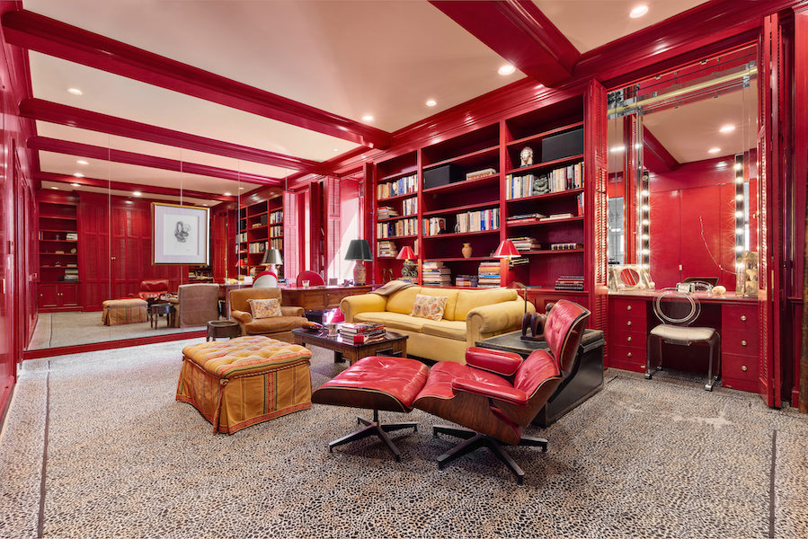 Red lacquer-painted library in the Manhattan co-op owned for decades by the late Barbara Walters. The property has just gone on the market, listed at $19.75 million. Photo by Donna Dotan, courtesy of TopTenRealEstateDeals.com