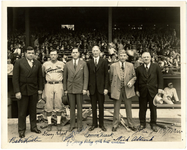 Photo of early baseball legends Babe Ruth, Connie Mack, John McGraw, Gabby Street, Christy Walsh and Nick Altrock, signed by all six along the bottom, taken at the 1931 World Series, estimated at $10,000-$12,000