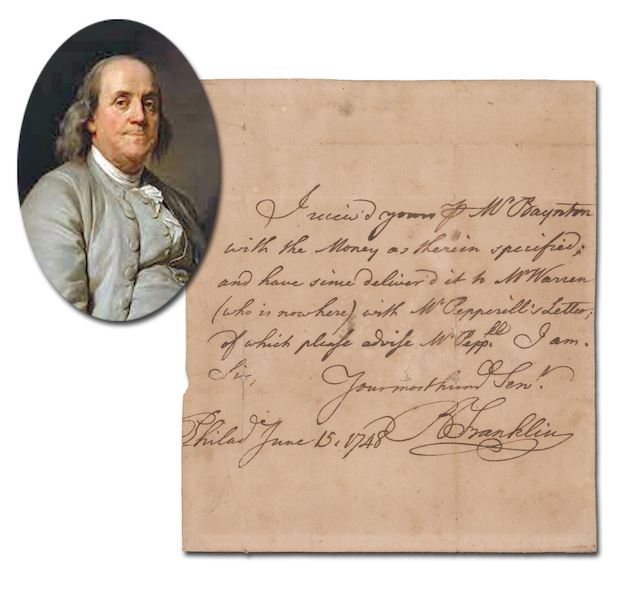 Autograph note signed by Benjamin Franklin, dated June 15, 1748, estimated at $18,000-$24,000 