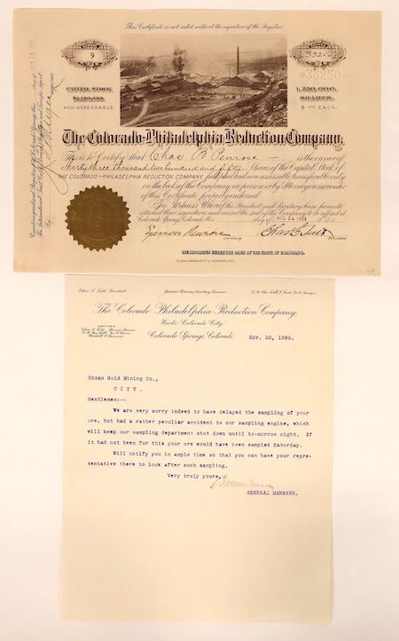 1899 stock certificate for the Colorado-Philadelphia Reduction Company, $2,125
