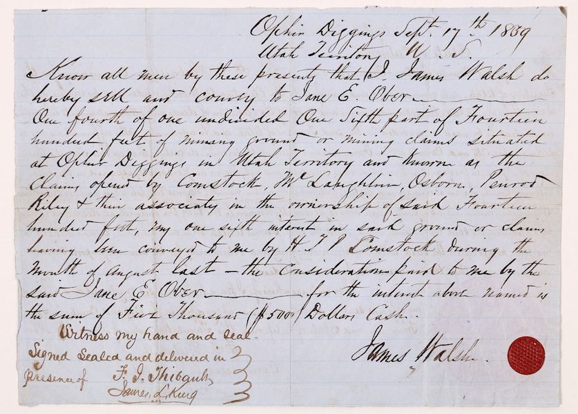 Historic document from 1859, dating to the very beginning of the Comstock Lode silver rush in the U.S. and including mention of the most important mining claim – the Ophir, $16,875