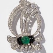 14K white gold, platinum, diamond, emerald and onyx brooch formerly owned by Connie Stevens, estimated at $3,000-$5,000
