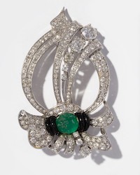 14K white gold, platinum, diamond, emerald and onyx brooch formerly owned by Connie Stevens, estimated at $3,000-$5,000