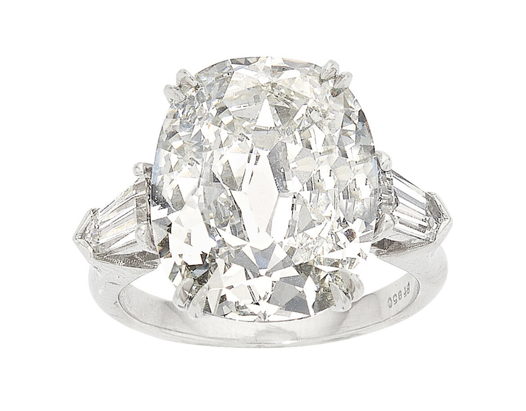 Diamond ring with 8.56-carat cushion cut stone in a platinum ring, estimated at $225,000-$250,000. Image courtesy of Heritage Auctions ha.com