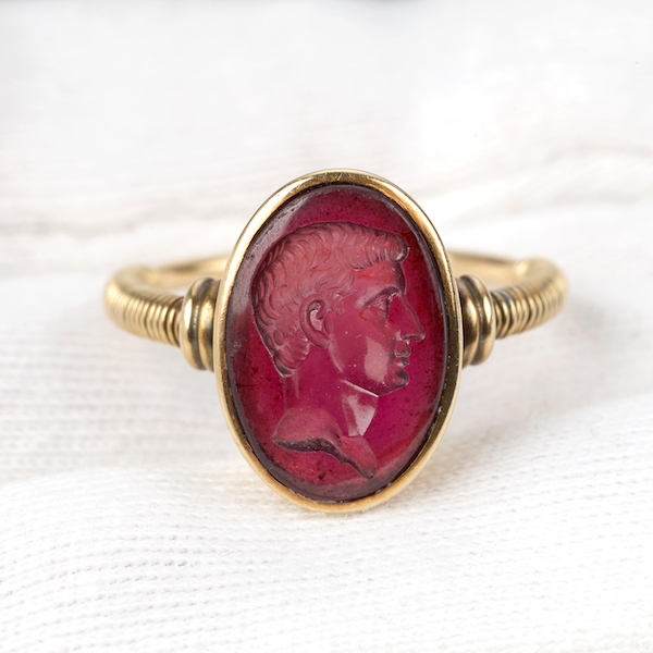 The garnet intaglio ring was one of several pieces in the April 13 sale that Fellows specialists found within a large group of jewelry. Image courtesy of Fellows