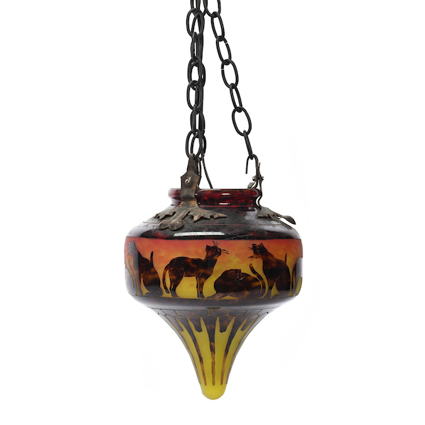 French cameo art glass hanging pendant lamp signed La Verre Francois, estimated at $1,500-$2,500