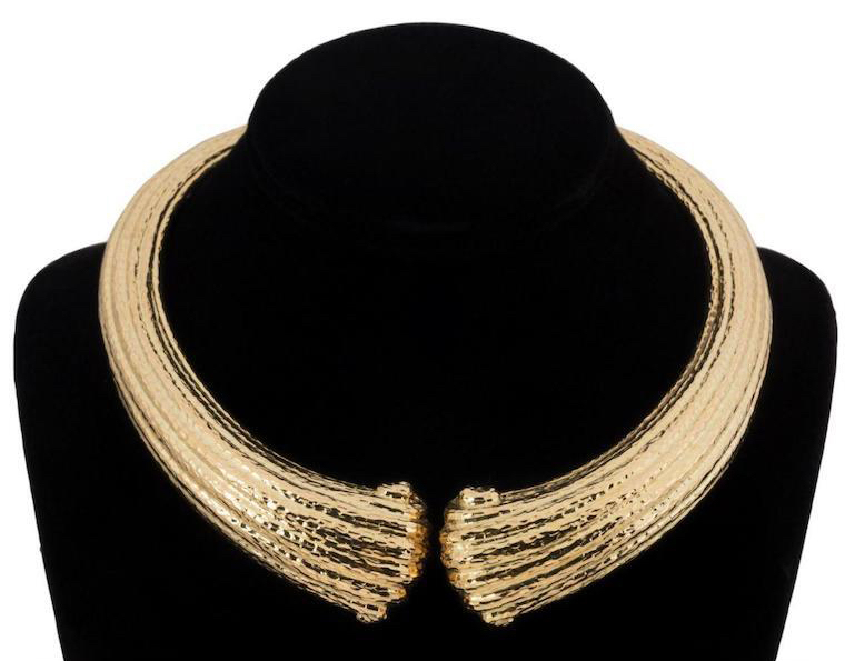 Italian 18K gold hinged collar necklace of ribbed form, estimated at $10,000-$15,000