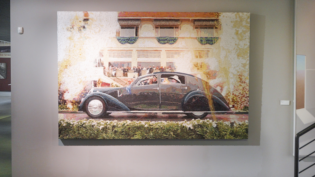 Keith Collins tapestry of Best in Show-winning 1935 Voisin Type C25 Aerodyne in the museum’s collection. Image courtesy of the Mullin Automotive Museum