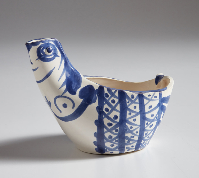 Pablo Picasso, ‘AR 250 - Hen sujet (Hen Subject),’ 1954. White earthenware turned pitcher painted in blue, 4 7/8 by 7 by 4in (12.4 by 17.8 by 10.2cm), edition of 500. Image courtesy of Rosenbaum Contemporary gallery