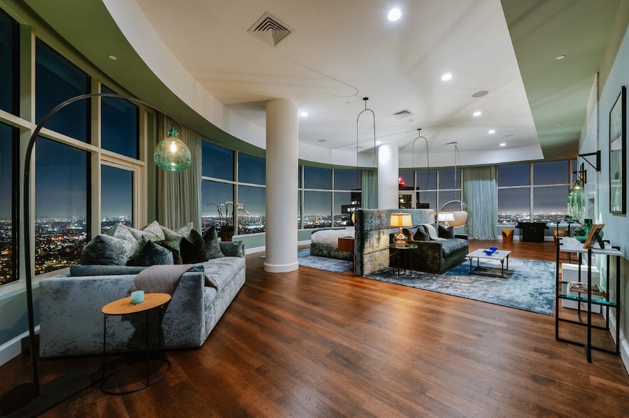 The Los Angeles penthouse spans almost 9,300 square feet and includes four bedrooms and eight bathrooms. Photo credit Michael MacNamara and Jason Speth; image courtesy of Compass and also TopTenRealEstateDeals.com