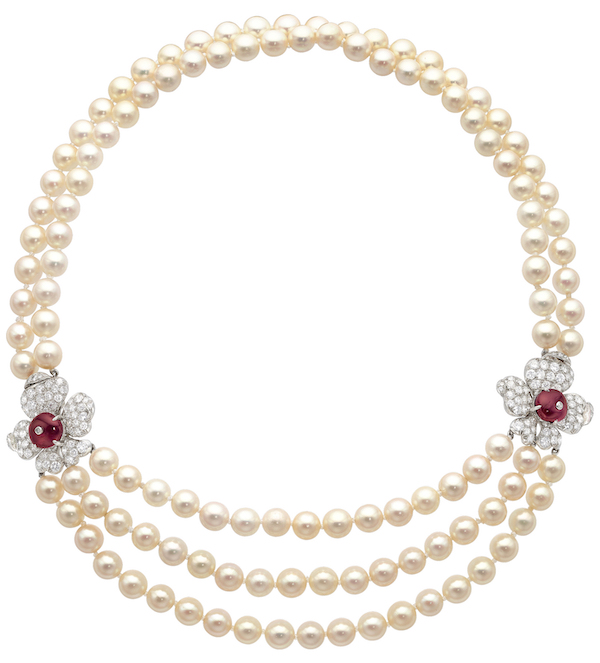 Marianne Ostier Burma ruby, diamond, platinum and cultured pearl necklace, estimated at $20,000-$30,000. Image courtesy of Heritage Auctions ha.com