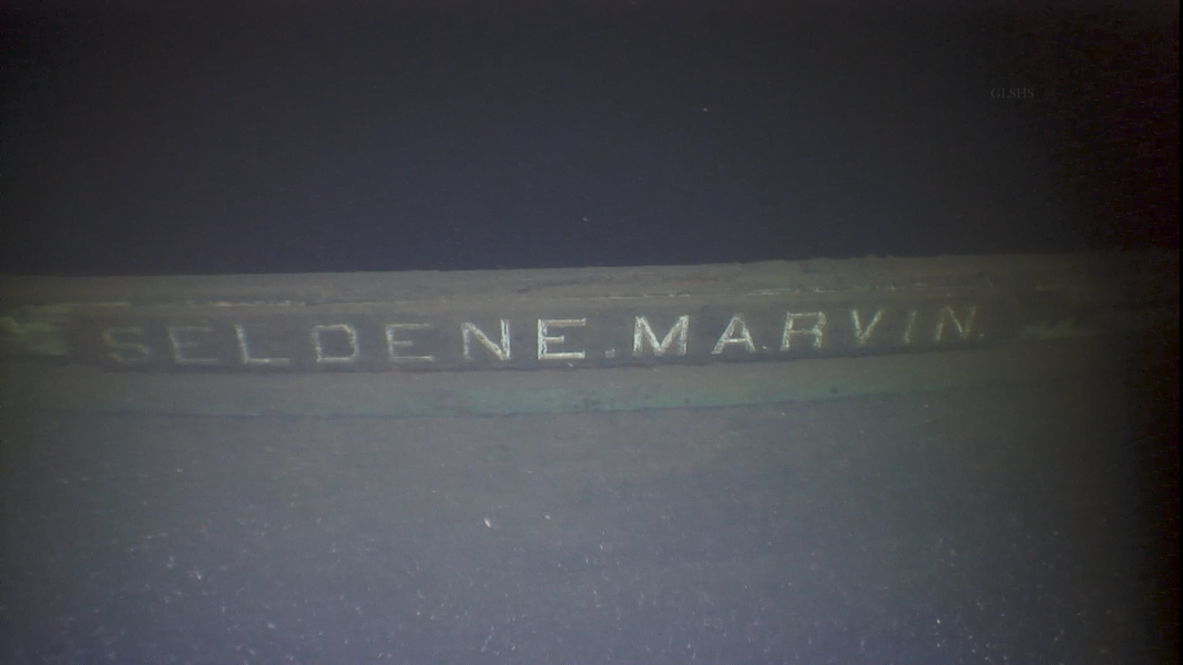 Underwater photograph of the nameboard of the Marvin, one of three ships that sank on Lake Superior in November 1914. In April, the Great Lakes Shipwreck Historical Society announced it had discovered the wreck of the Marvin and also that of the Curtis, both lumber vessels. A third such vessel that sank along with them, the Annie M. Peterson, has yet to be discovered. Image courtesy of the Great Lakes Shipwreck Historical Society