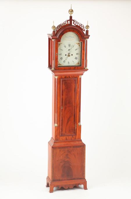Mahogany tall case clock by Nathaniel Monroe, estimated at $6,000-$12,000