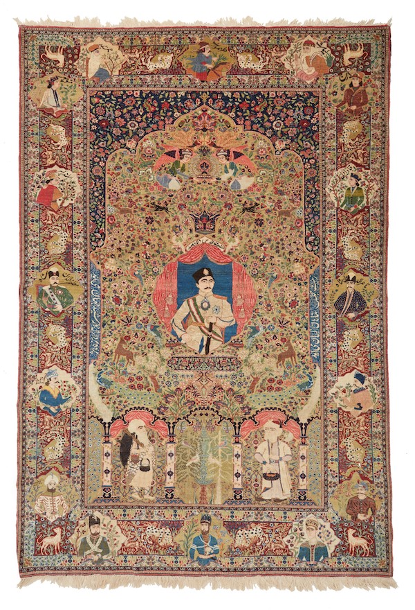 Lavar Kirman pictorial carpet depicting Reza Shah Pahlavi, estimated at $40,000-$60,000