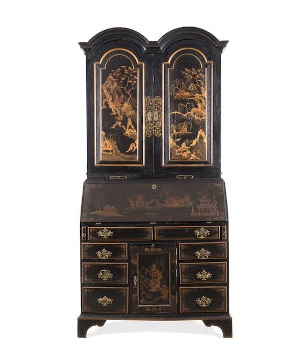 Black Japanned Queen Anne-style bureau bookcase or secretary, estimated at $8,000-$12,000