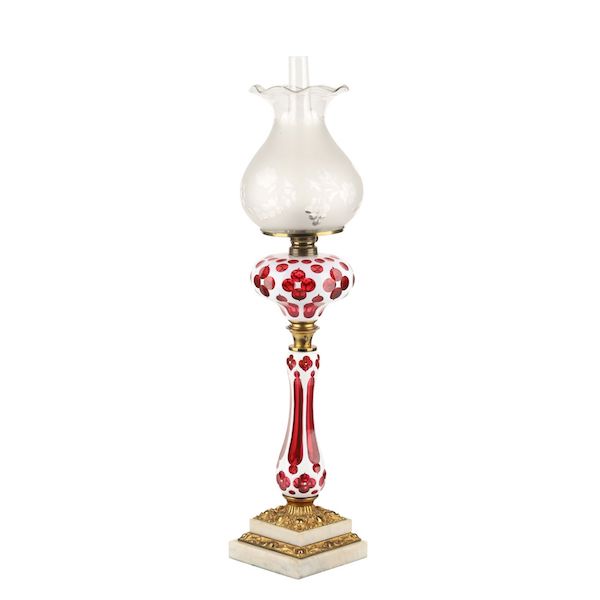 Ruby cut overlay kerosene stand lamp, CA$8,260