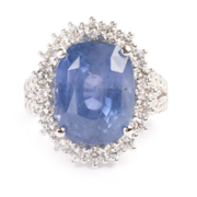 Diamond and 18K white gold ring showcasing an unheated 16.40-carat Sri Lankan sapphire, estimated at $8,000-$12,000. Image courtesy of Michaan’s Auctions