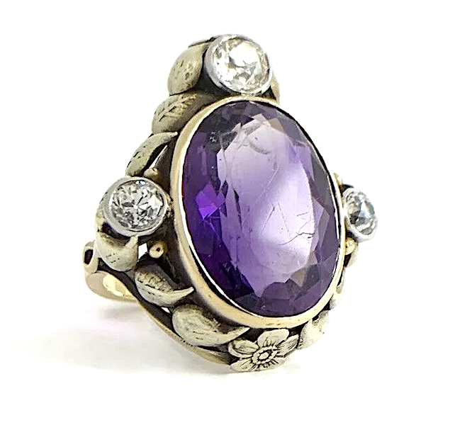 Late Victorian 14K gold, diamond and amethyst cocktail ring, estimated at $3,000-$3,500