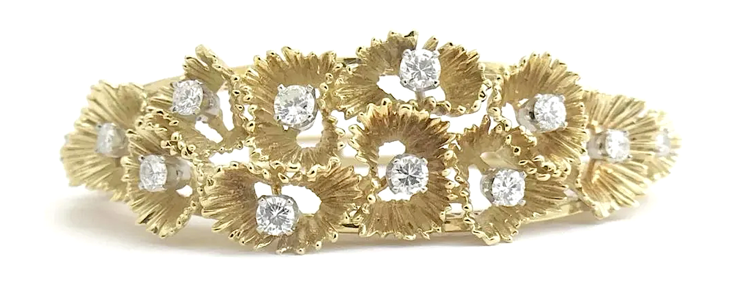 Vintage 18K gold and diamond filigree bangle bracelet, estimated at $7,000-$8,000