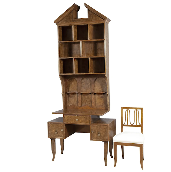 Circa-1930 Gio Ponti walnut secretaire and chair, estimated at $50,000-$80,000. Image courtesy of Doyle and LiveAuctioneers