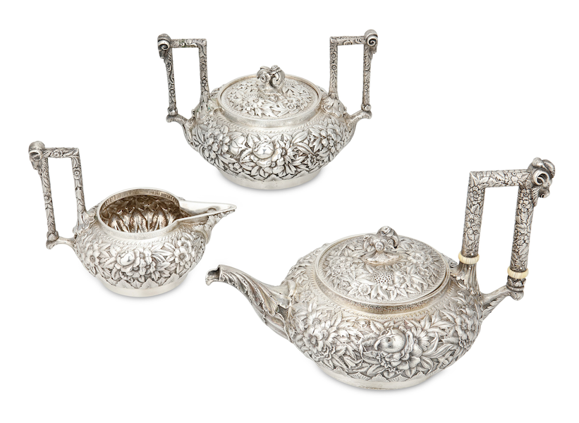 Tiffany & Co. Aesthetic Movement three-piece sterling silver tea service estimated at $3,000-$5,000