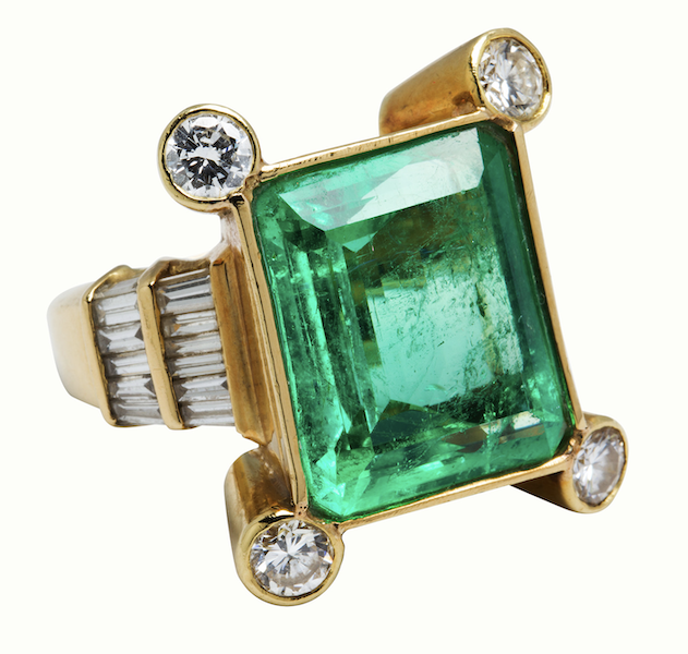 18K gold and diamond ring with 12-carat Colombian emerald, estimated at $10,000-$20,000