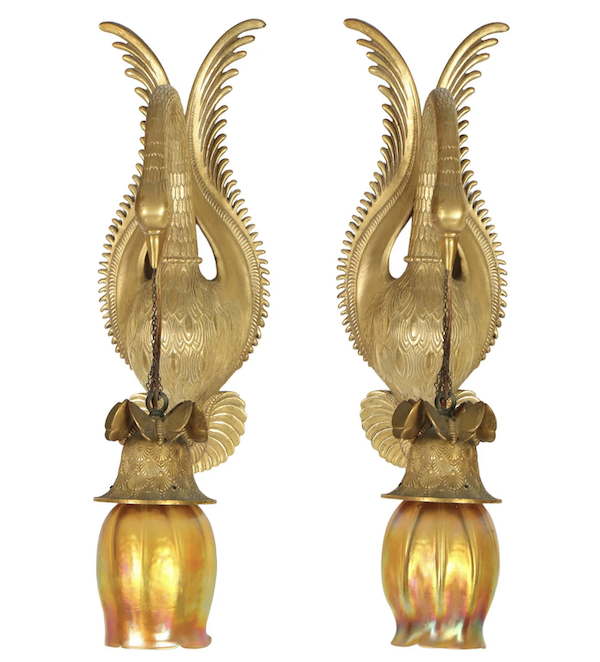 Another angle on the circa-1920 Armand Albert Rateau gilt bronze swan-form sconces with Louis Comfort Tiffany shades, estimated at $8,000-$12,000. Image courtesy of Hill Auction Gallery and LiveAuctioneers
