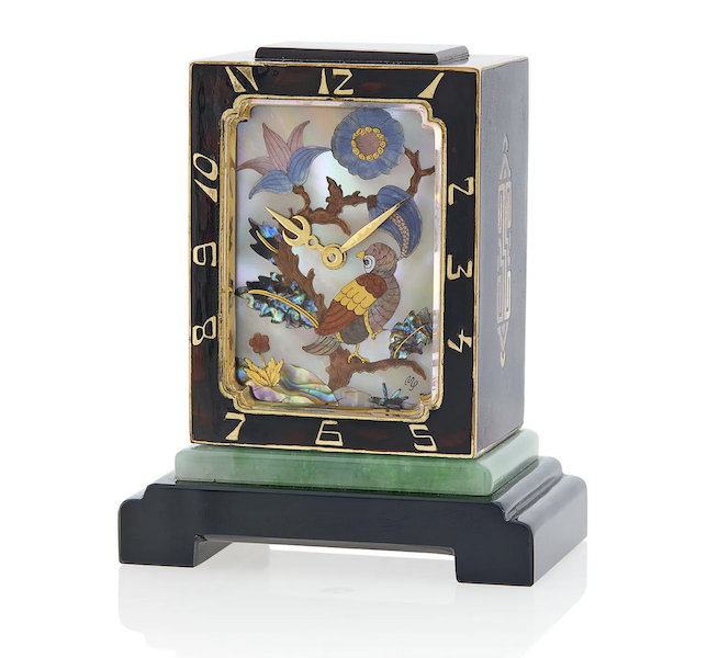 Art Deco Ostertag, Vacheron & Constantin gold, tortoise shell, mother-of-pearl, abalone pearl, jasper, jade and black onyx miniature desk clock by Vladimir Makovsky, estimated at $30,000-$50,000. Image courtesy of Doyle New York and LiveAuctioneers