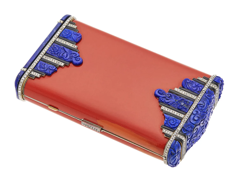 Art Deco Van Cleef & Arpels Paris vanity case with gold, platinum, red enamel, carved lapis lazuli and diamonds, estimated at $20,000-$30,000. Image courtesy of Doyle New York and LiveAuctioneers