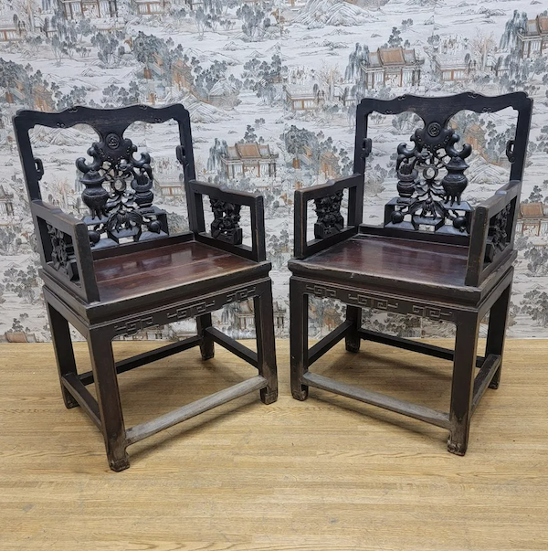 Circa-1880 Shanxi province pair of carved elm Top Hat Official chairs, estimated at $8,000-$10,000 