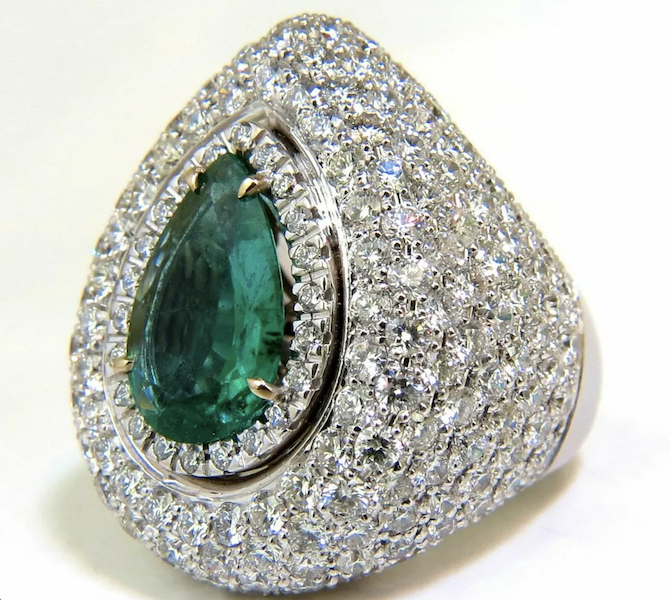 Puffed dome 18K white gold and diamond ring centered on a 3.10-carat natural emerald, estimated at $18,000-$22,000