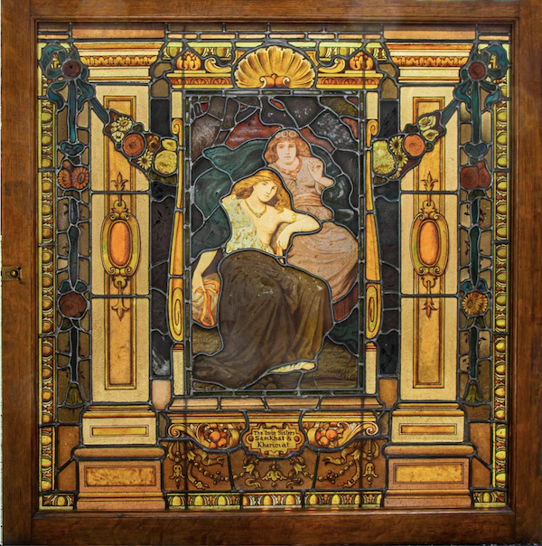 20th-century stained glass window depicting the twin sisters Samkhat and Kharimat from the legends of Gizdhubar, estimated at $800-$1,200. Image courtesy of Gray’s Auctioneers and LiveAuctioneers 